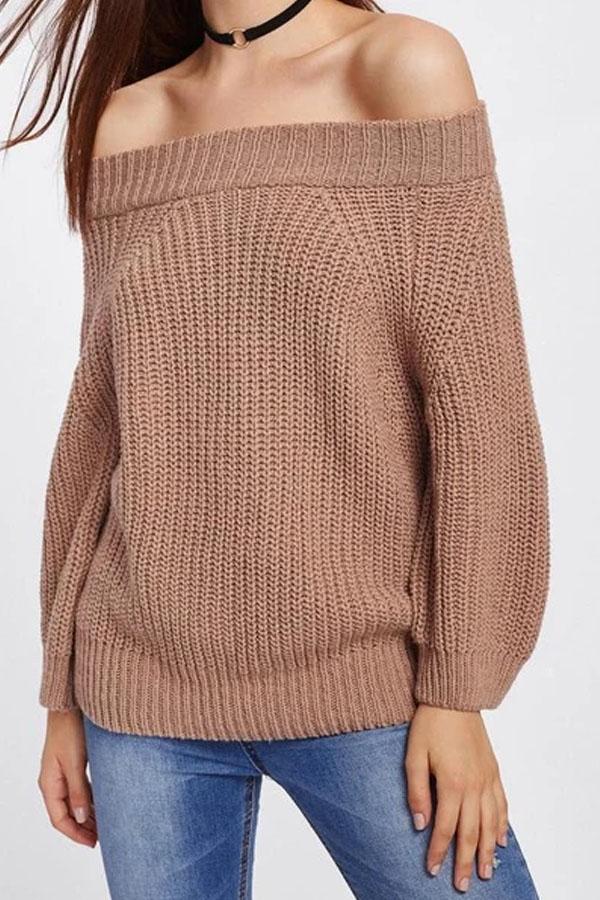 Solid Color One Word Collar Long Sleeve Sweater