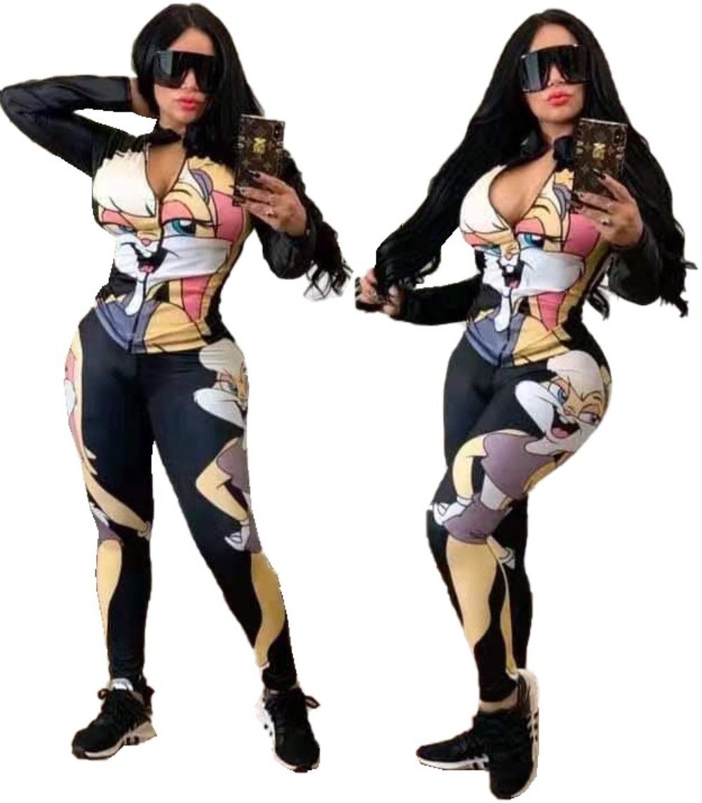 Autumn Cartoon Print Two Piece Tight Pants Set