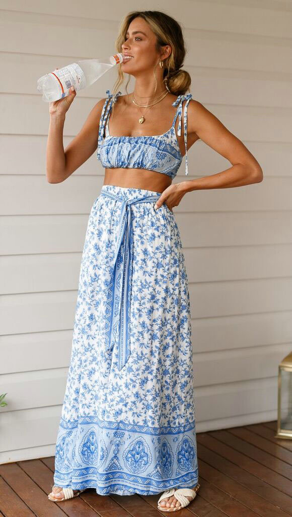 White and Blue Flower Straps Top and Maxi Skirt