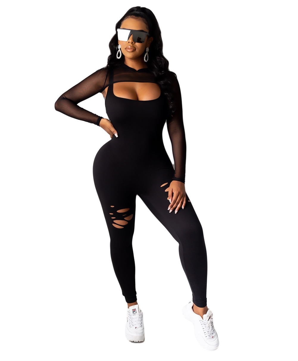 Sexy Solid Color Two Piece Ripped Jumpsuits