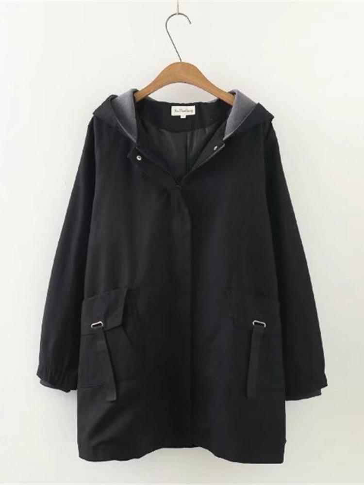 Casual Women Pockets Hooded Trench Appliqued Long Sleeve Hoodie Coat