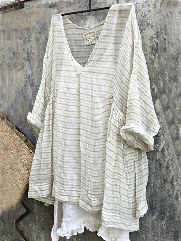 Casual 3/4 Sleeve V Neck Striped Bat Sleeve Tops