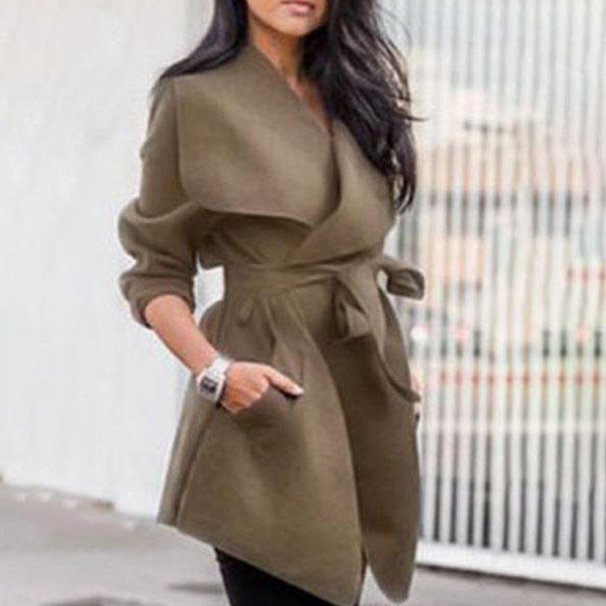 Lapel  Belt  Plain  Long Sleeve Trench Coats