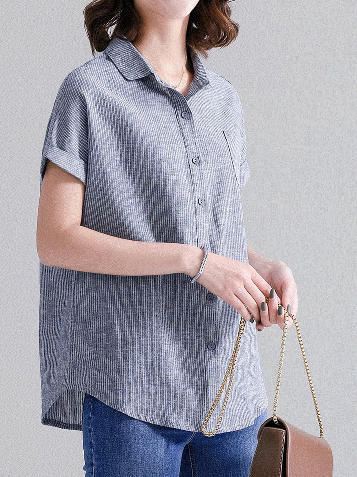 Plus Size Women Short Sleeve V Neck Vintage Striped Floral Casual Tops