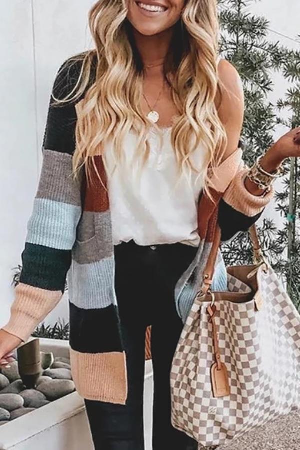 Women's Fashion Coloring Long Sleeve Patch Pocket Knit Cardigan Top