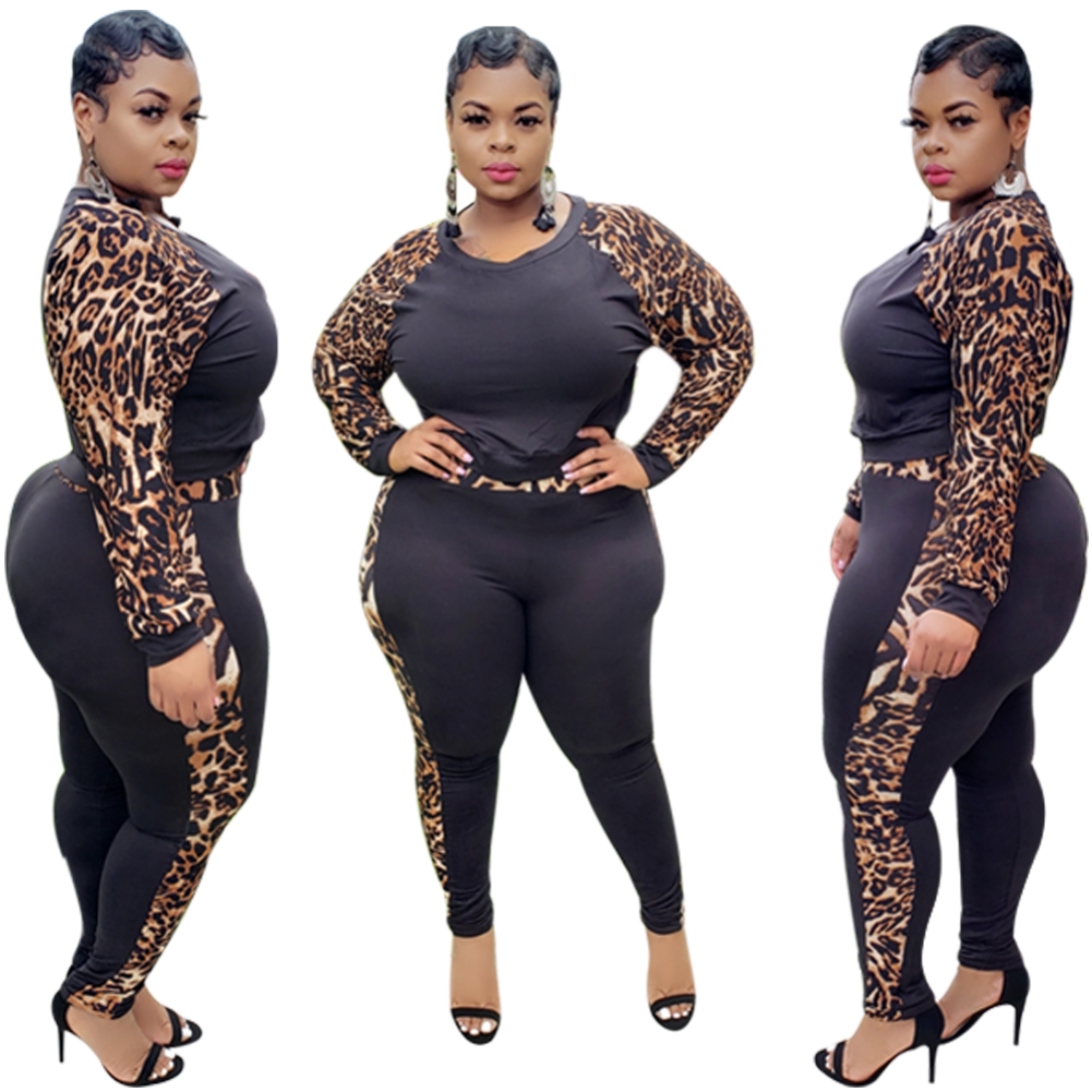 Plus Size Autumn Two Piece Leopard Pants Set
