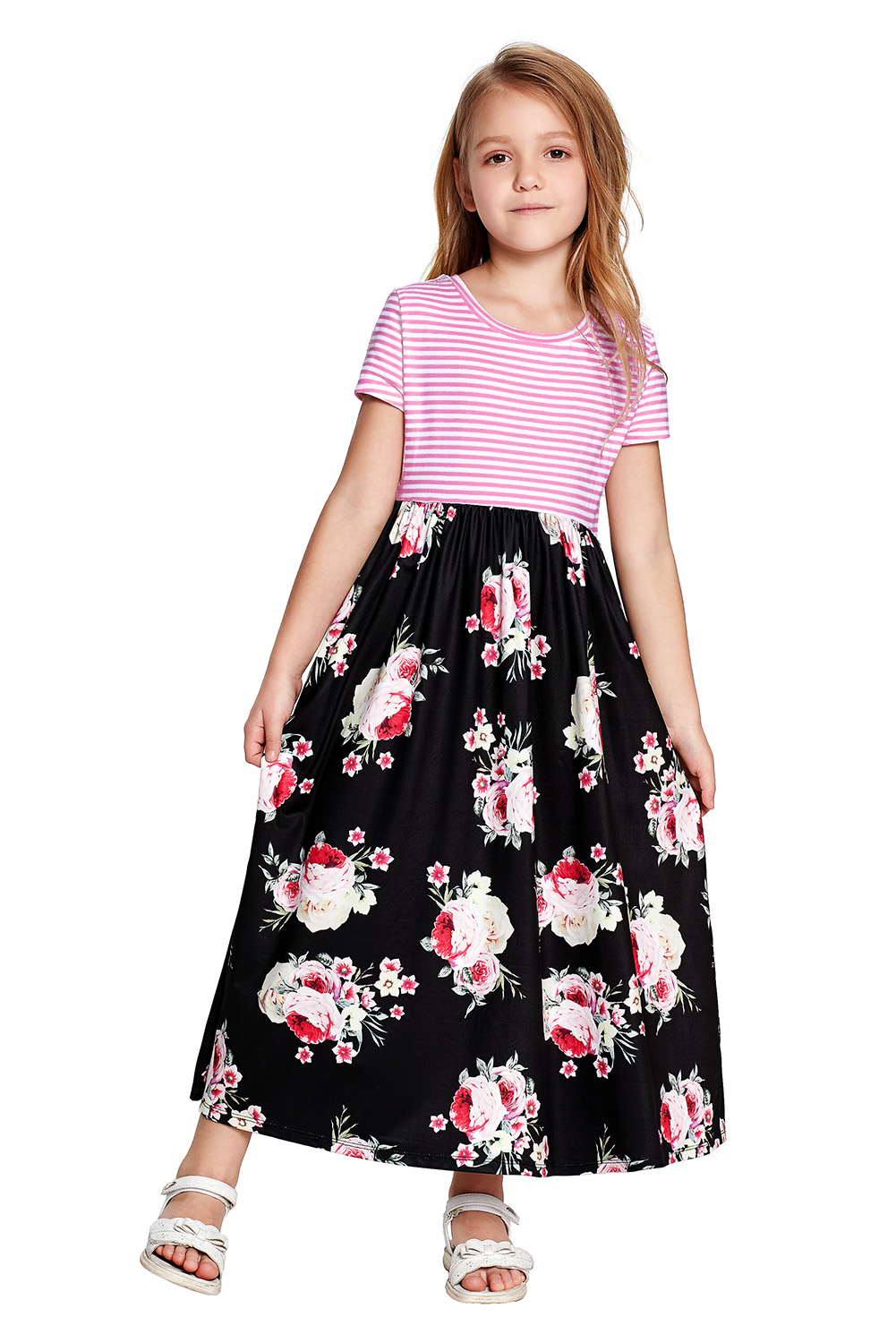 Black Striped Floral Print Little Girls Maxi Dress