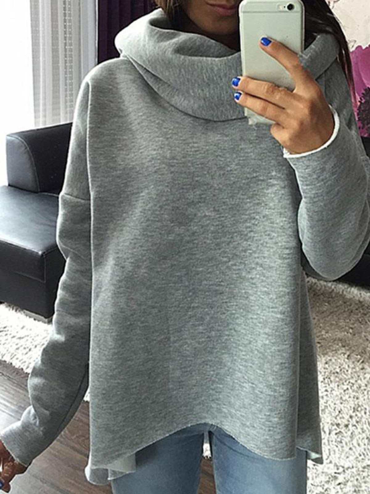 Solid Cotton-blend Casual Cowl Neck Sweatshirt