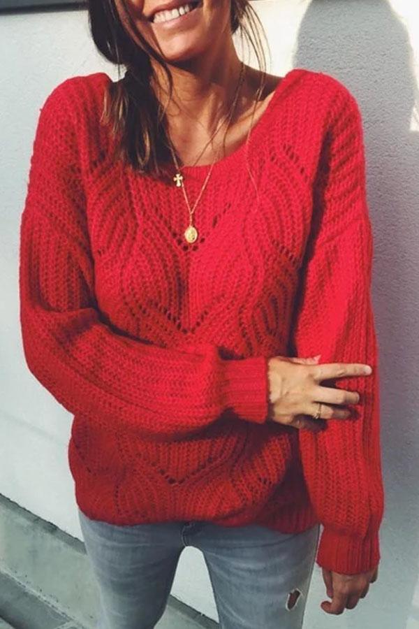 Loose Lantern Sleeve Knitting Red Women Sweater