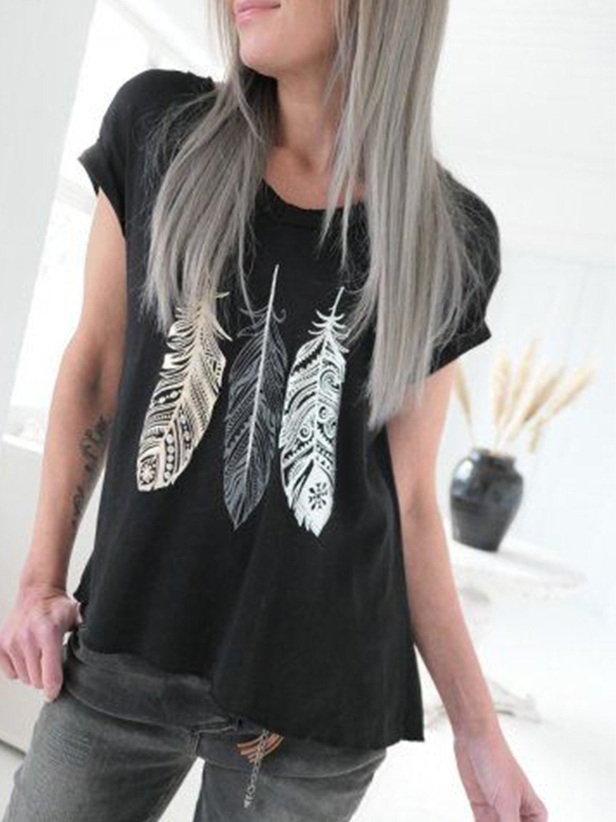 Casual Printed V Neck Short Sleeve Shirts & Tops