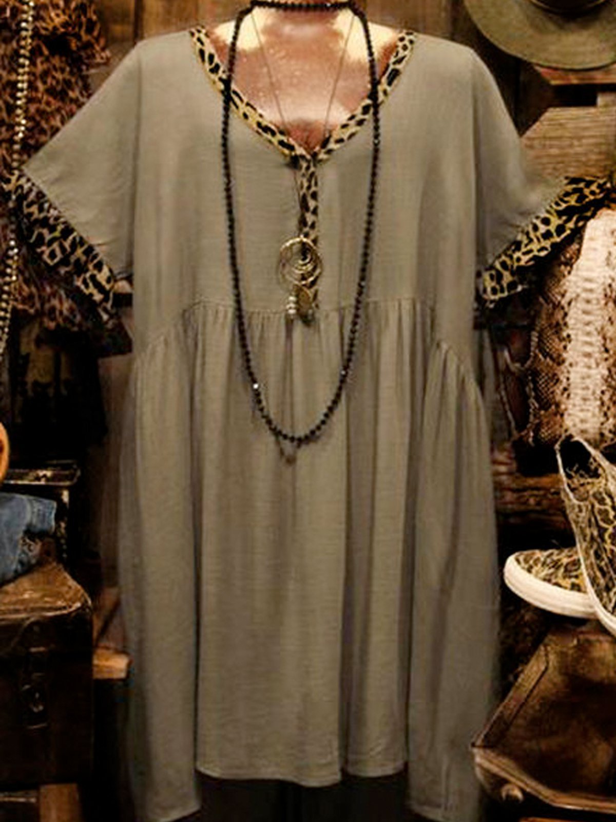 Brown V Neck Casual Paneled Jersey Shirts & Tops