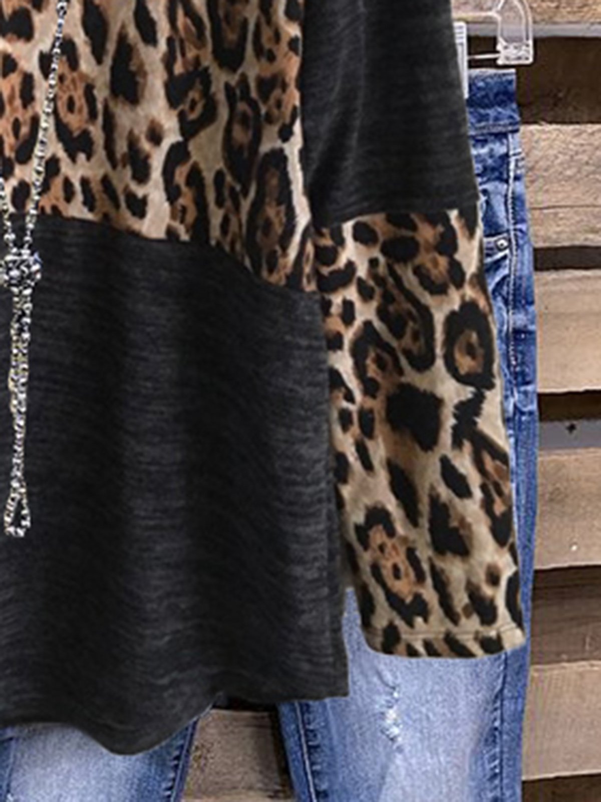 Black Cotton-Blend Casual Crew Neck Leopard Shirts & Tops