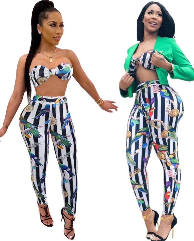 White and Black Print Bra Top and Pants Set