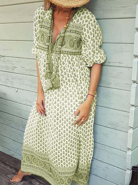 Floral V Neck Half Sleeve Cotton Dresses