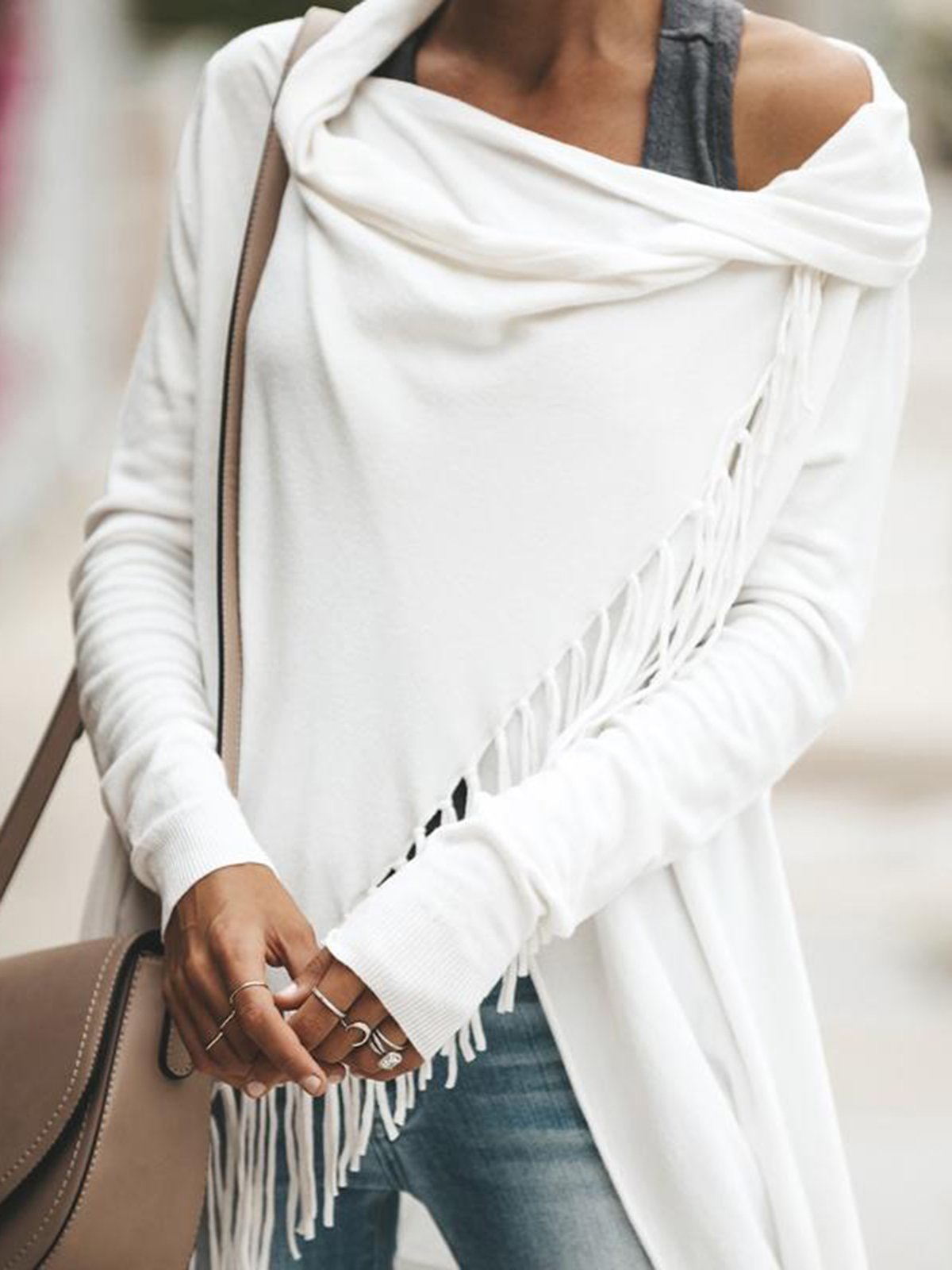 Casual Fringed Long Sleeve Asymmetrical T-Shirt