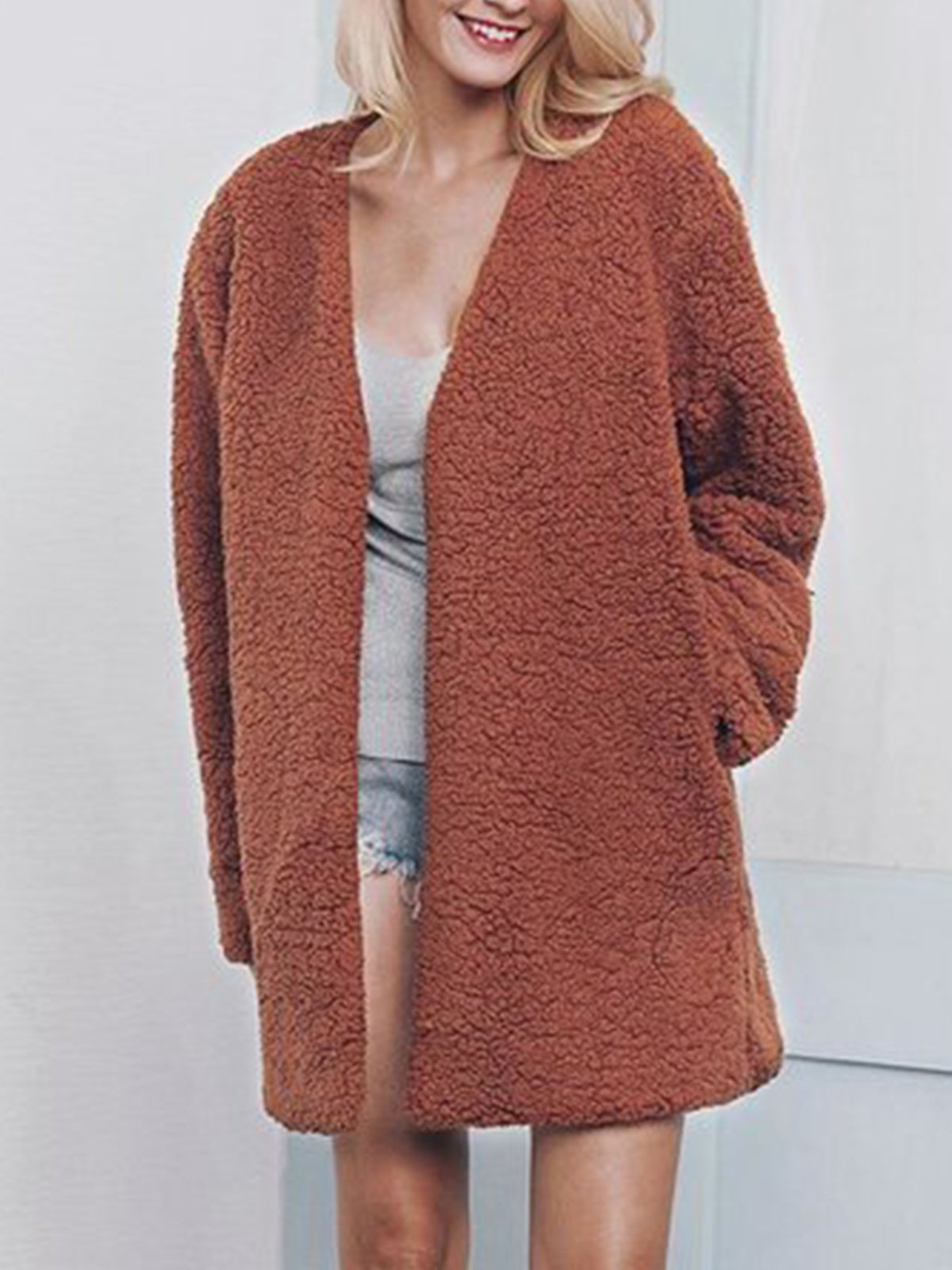 Plus Size Faux Fur Elegant Long Sleeve Pockets Coat