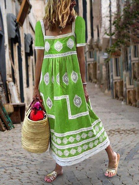 Plus Size Women Short Sleeve Vintage Floral Casual Dresses