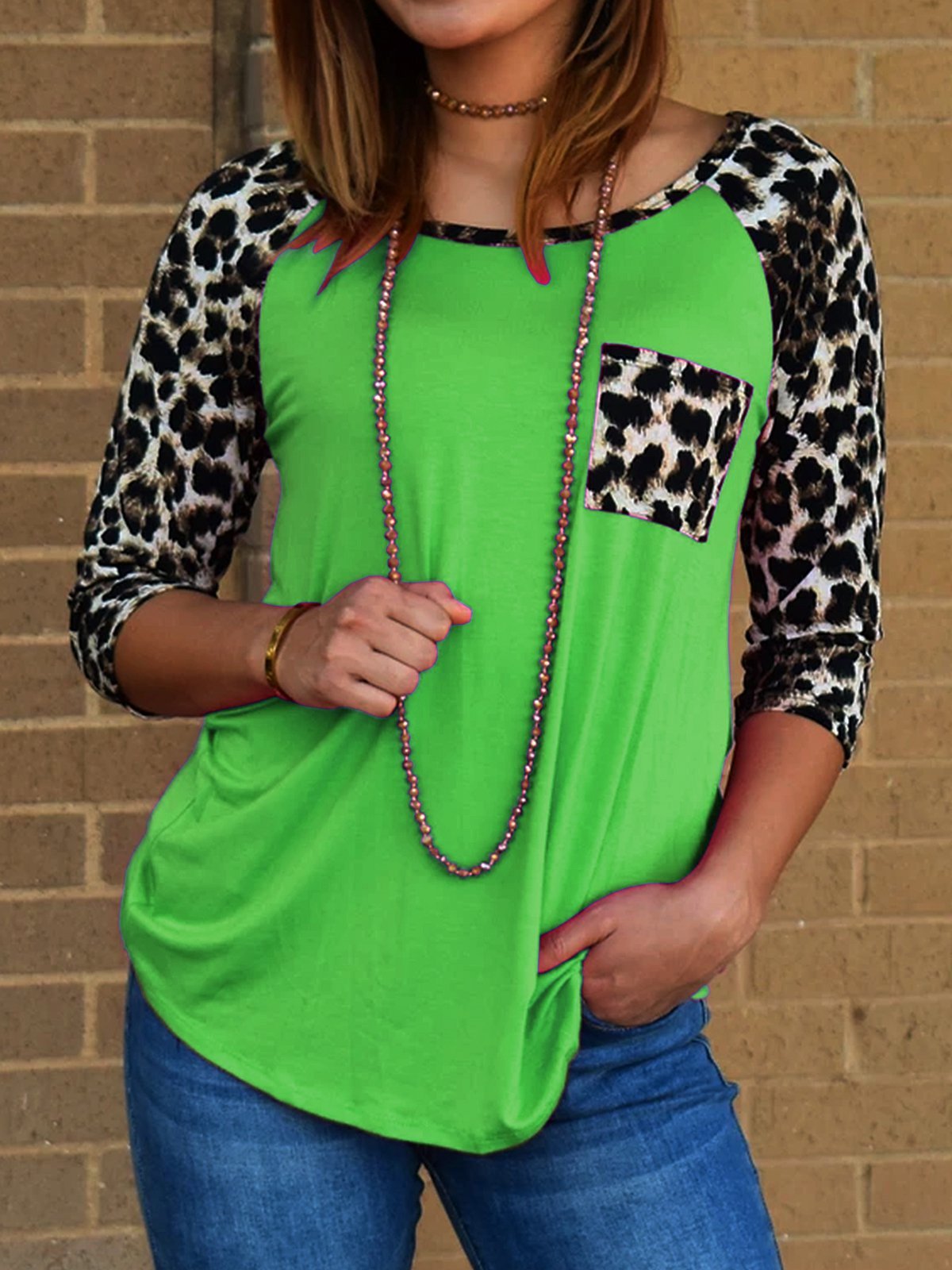 Printed Crew Neck Leopard Casual Shirts & Tops
