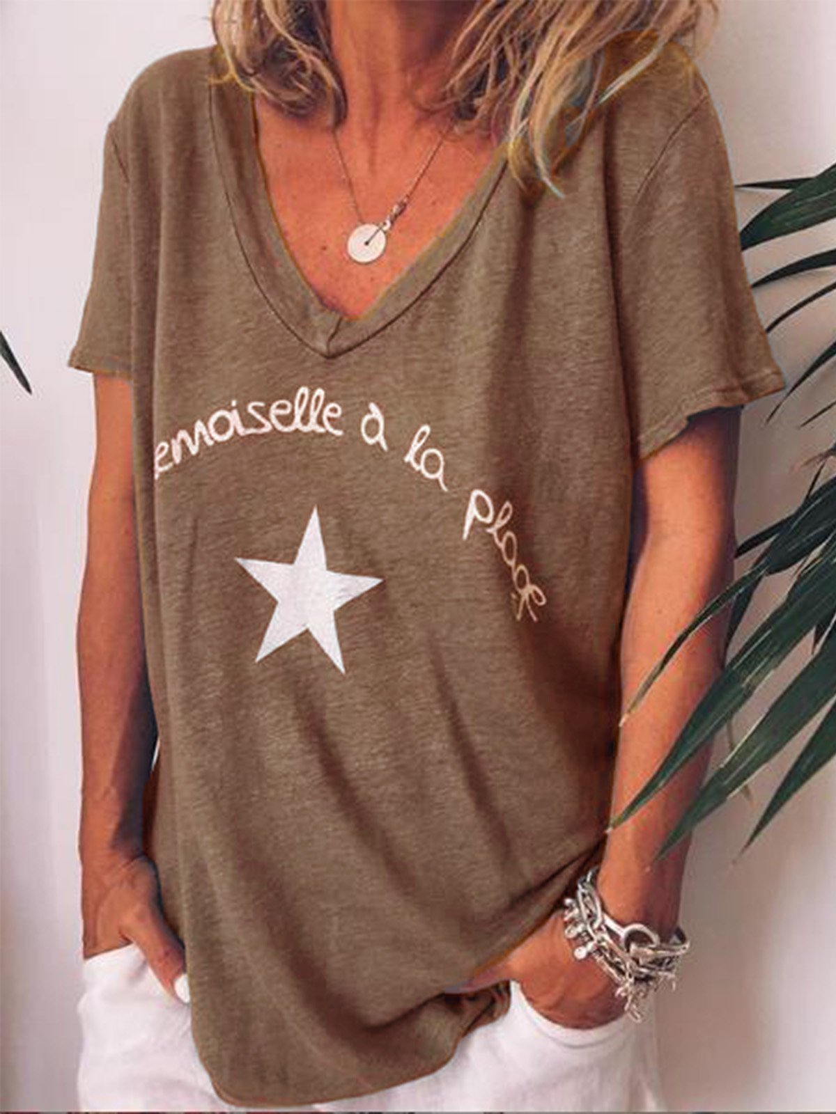 Casual V Neck Letter Short Sleeve Shirts