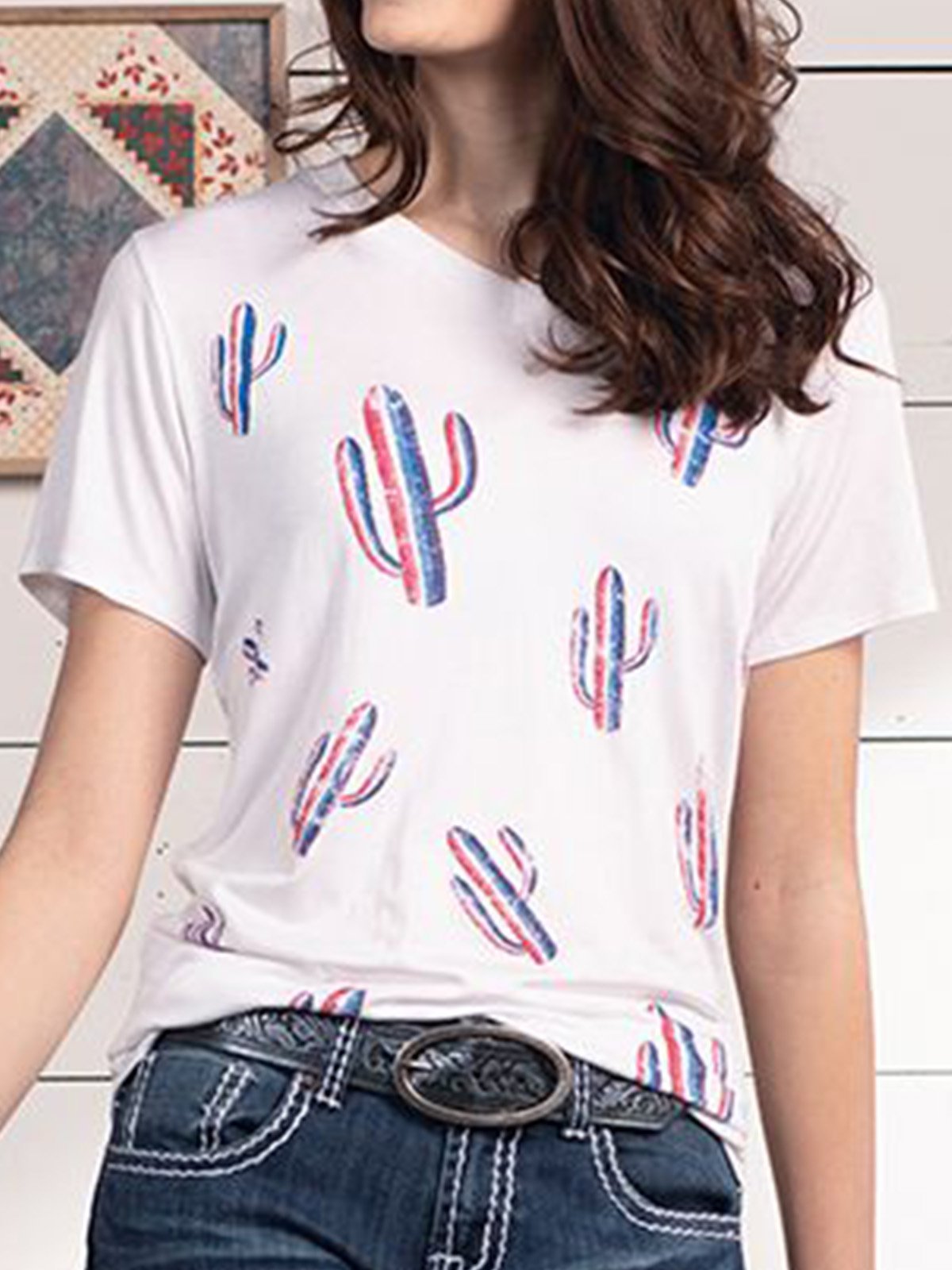 Short Sleeve Casual Crew Neck Plants Shirts & Tops