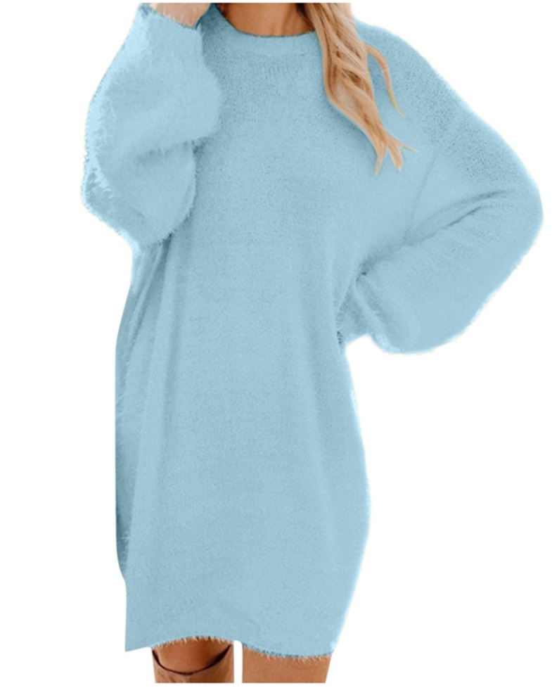 Solid Color O-Neck Long Sleeve Plush Dress