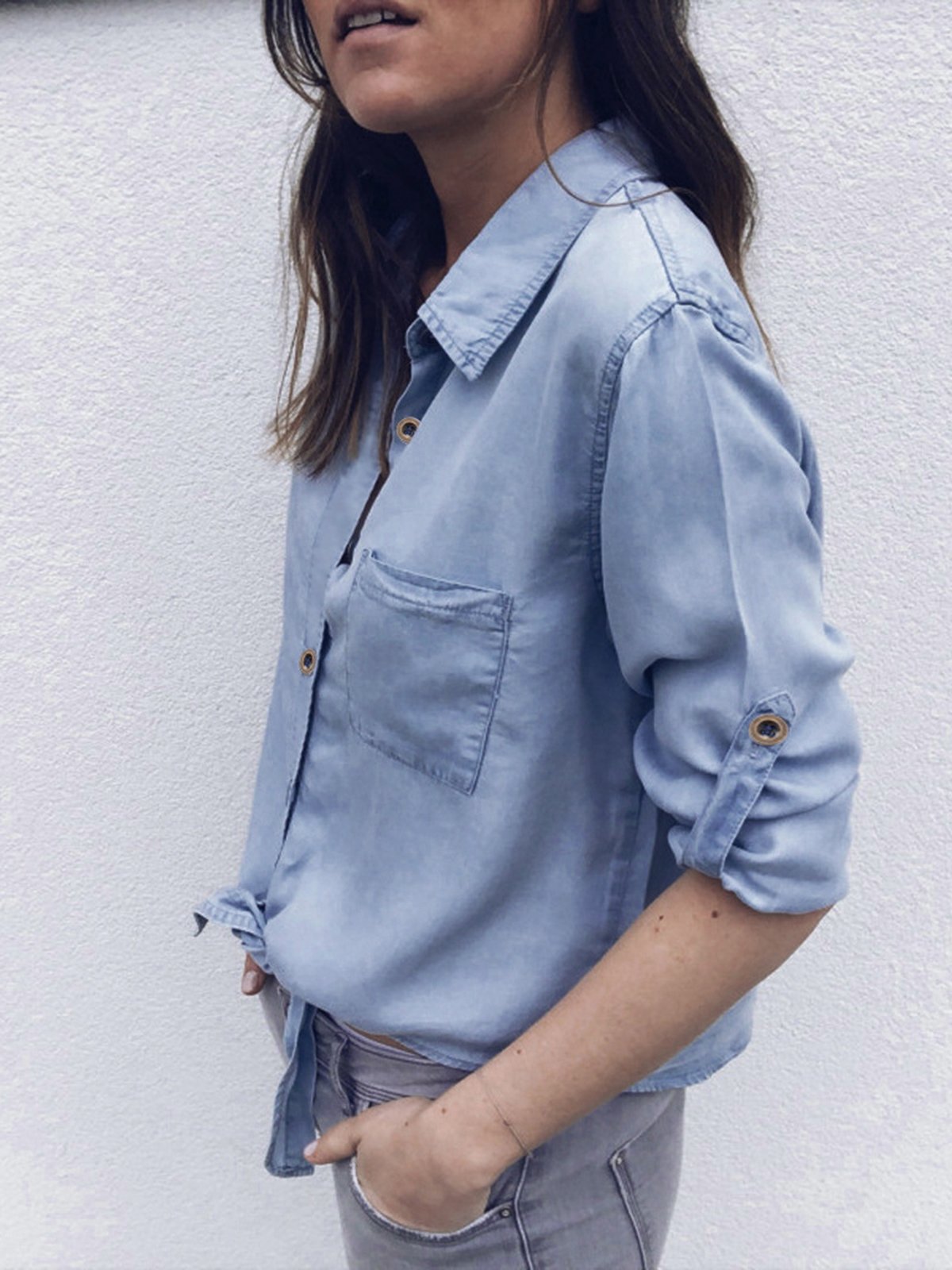 Plain Pockets Casual Blouses & Shirt