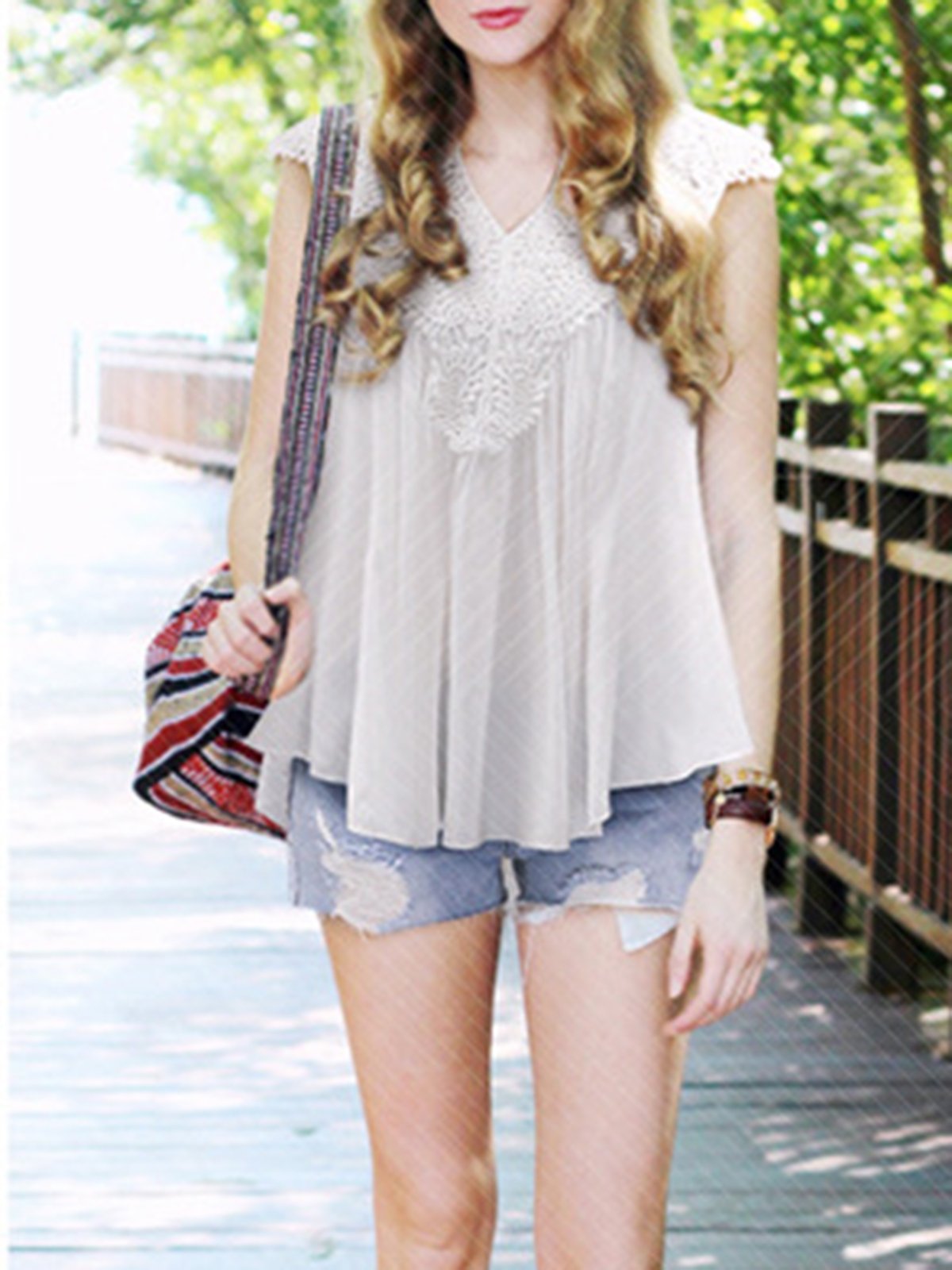 Casual V-Neck Chiffon Guipure lace Plus Size Blouse