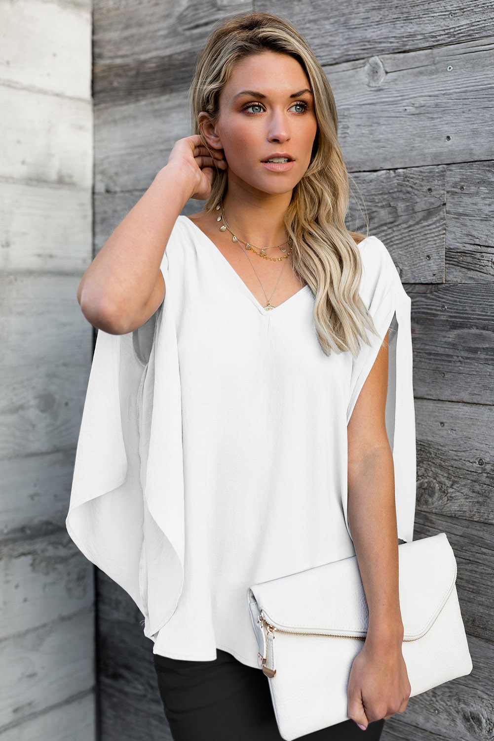 White V-Neck Bowknot Three-Quarter Sleeve Blouse