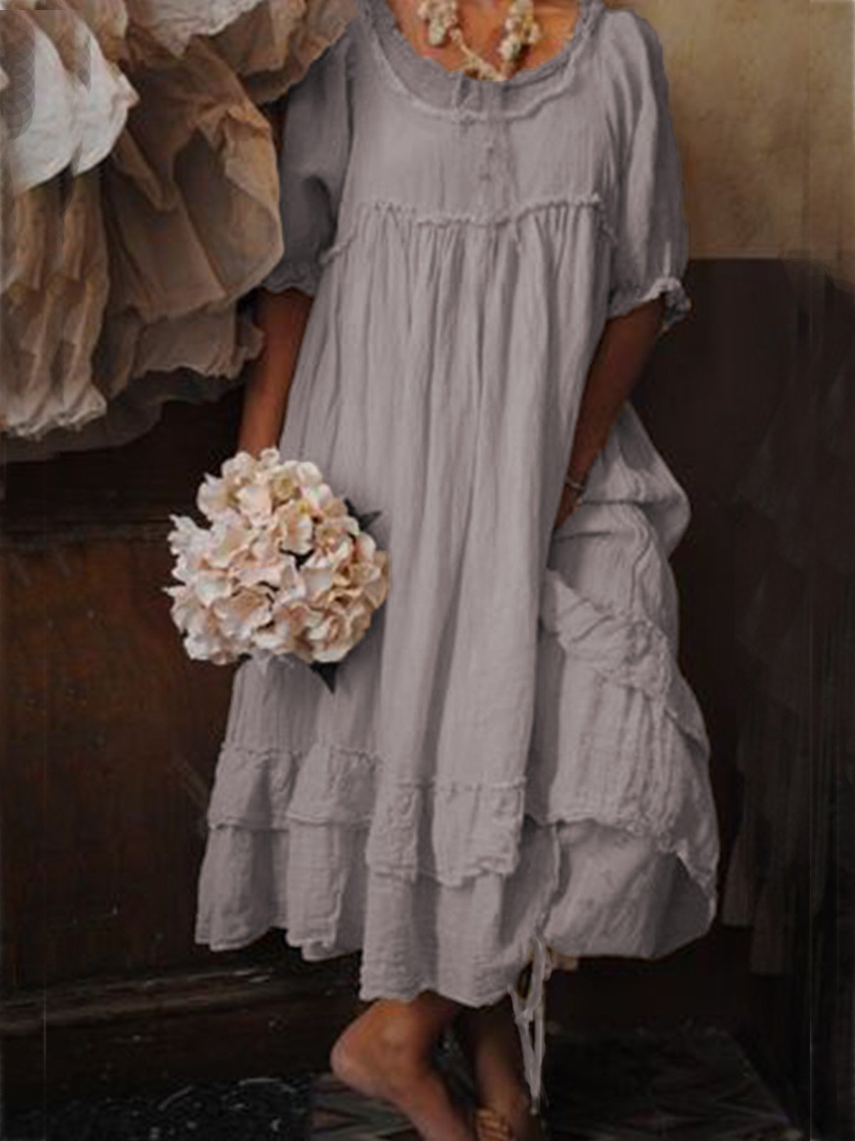 Beige Short Sleeve Cotton Crew Neck Dresses