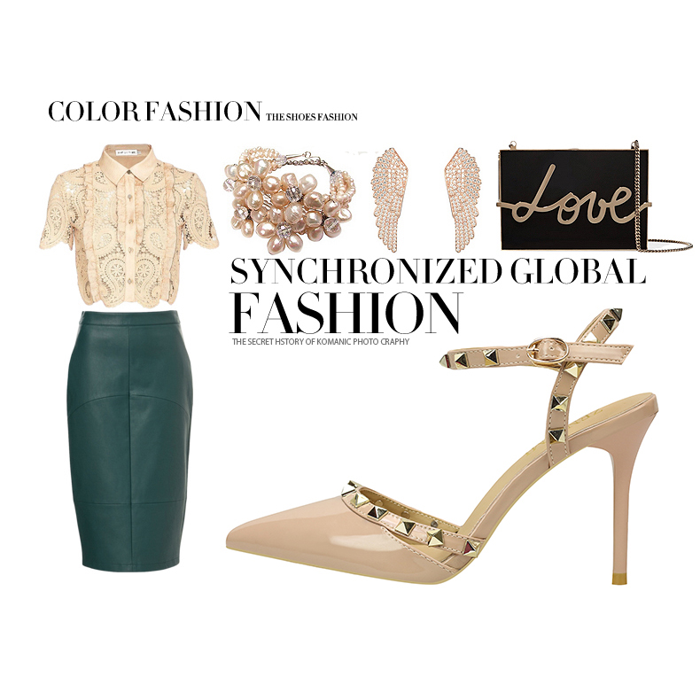 9CM Sweet Shallow Pointed Rivet PU Hollow Dress Elegant Sandals