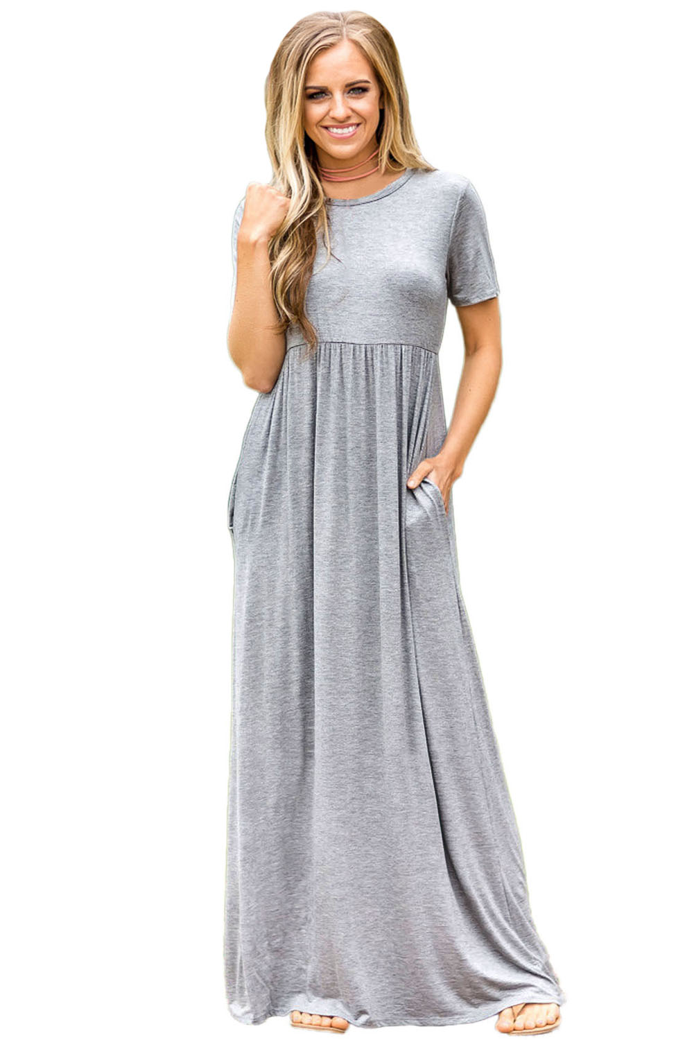 Gray Short Sleeve Ruched Waist Maxi Dress