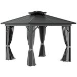 Outsunny 10��10 Hardtop Gazebo with Aluminum Frame, Permanent Metal Roof Gazebo Canopy w/ Curtains & Netting for Garden, Patio, Backyard, Grey
