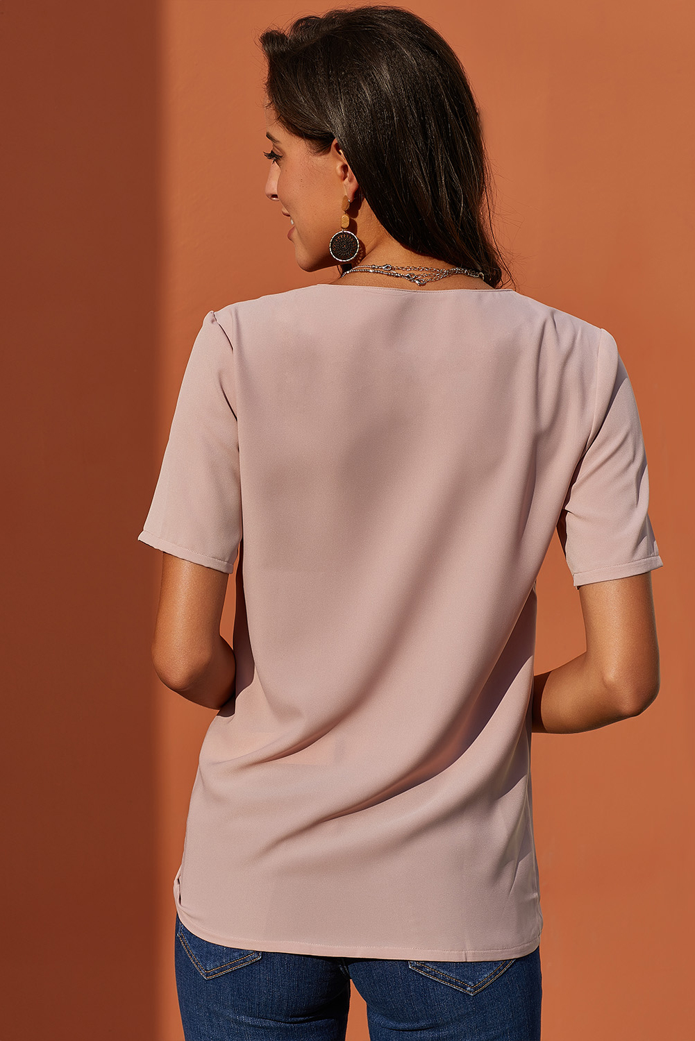 Pink Short Sleeve Button Detail Loose Fitting Chiffon Blouse