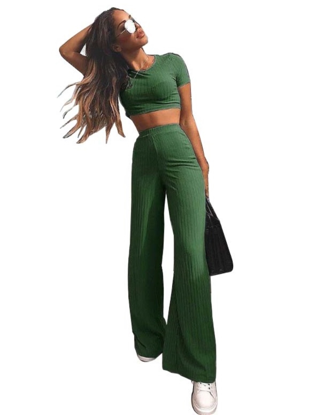 Matching 2PC Plain Knitted Crop Top and Pants Set