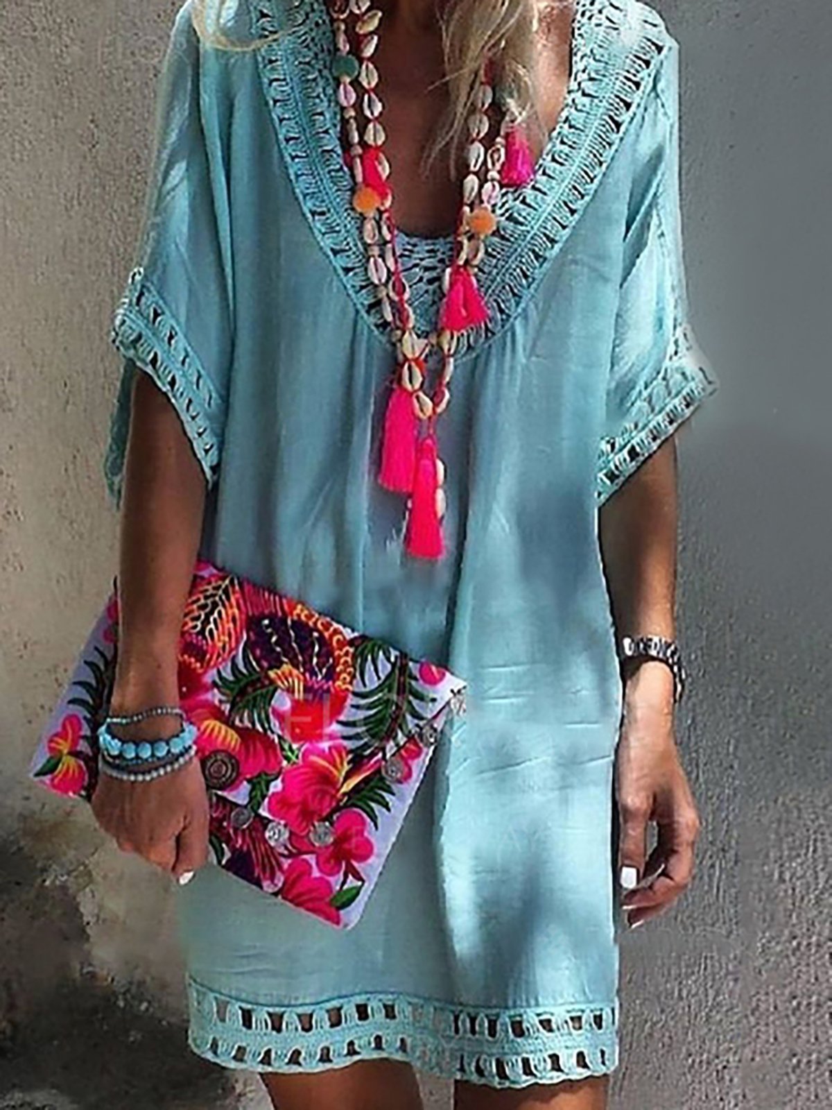 V neck  Women Daily Half Sleeve Basic Paneled Summer Dress