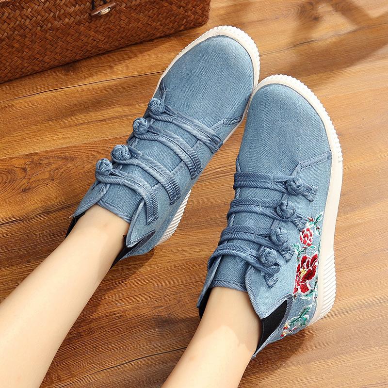 Light Blue Winter Buckle Canvas Flat Heel Embroidery Boots