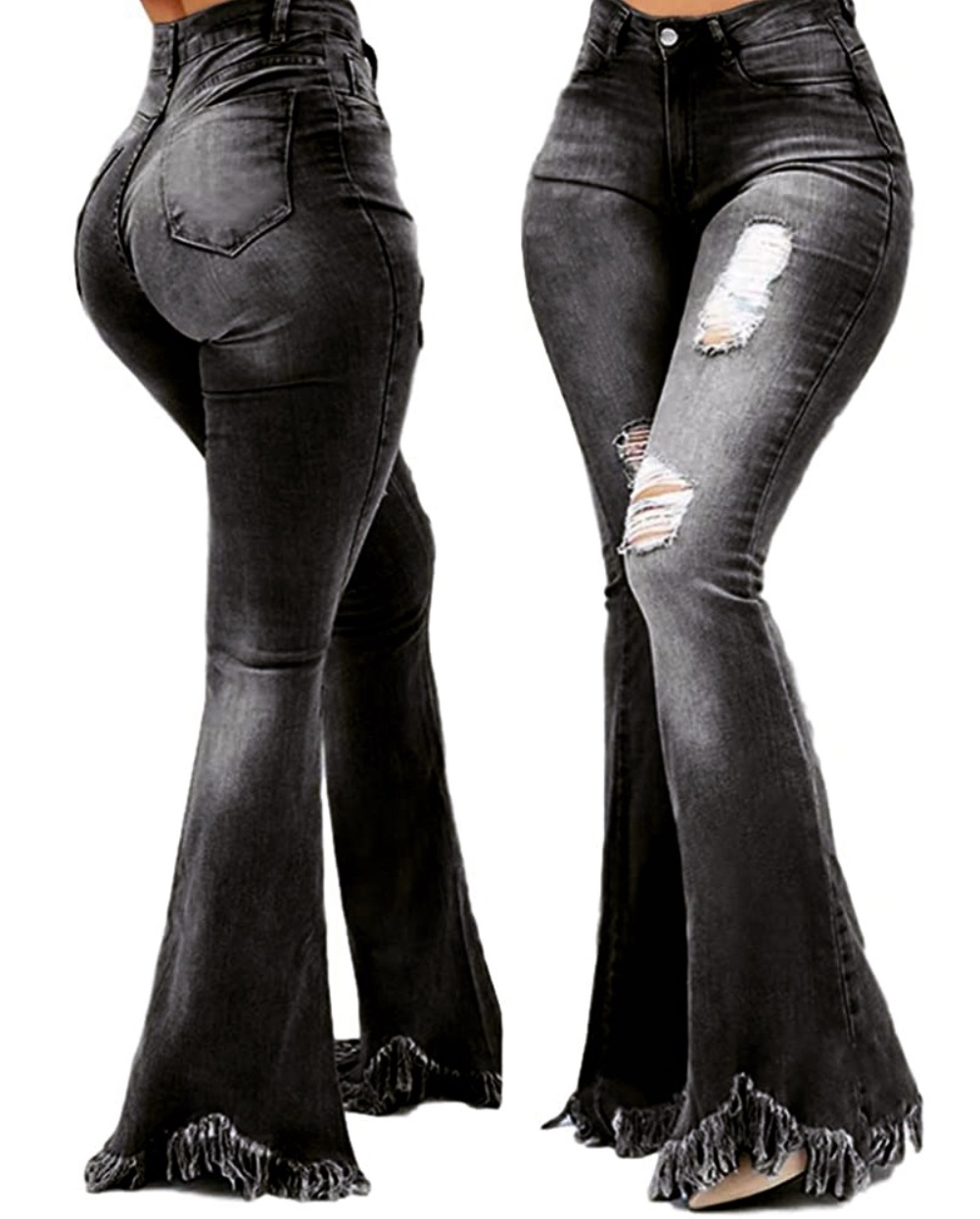Bell Bottom High Waist Ripped Fringe Jeans