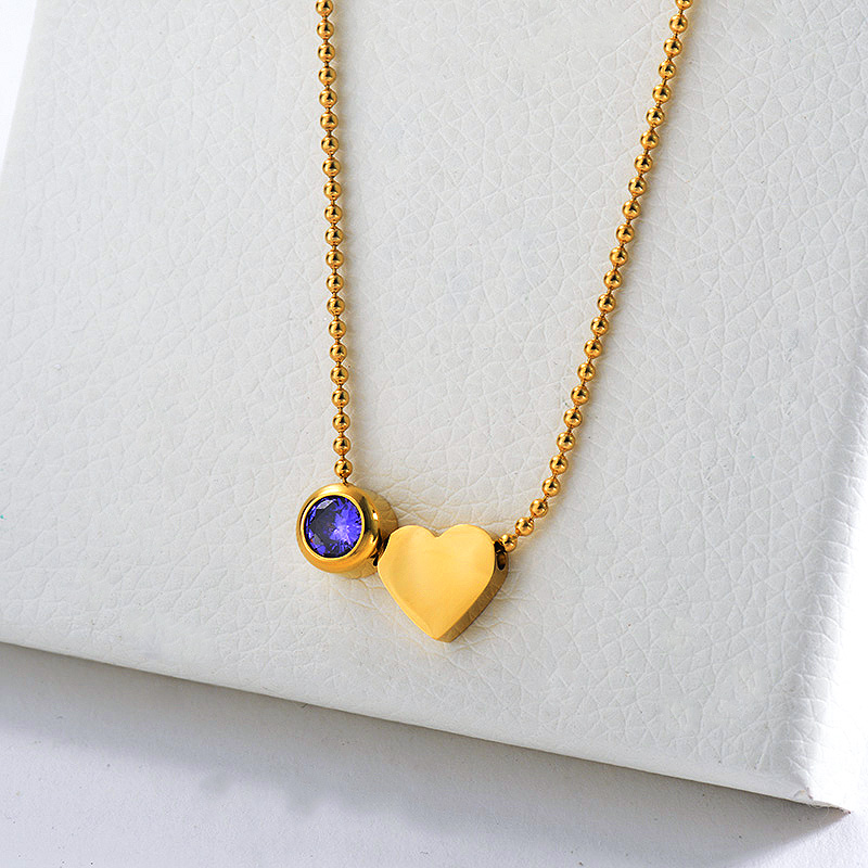 New Design 18K Gold Plating Heart With Purple Zircon Charm Ball Chains Necklace