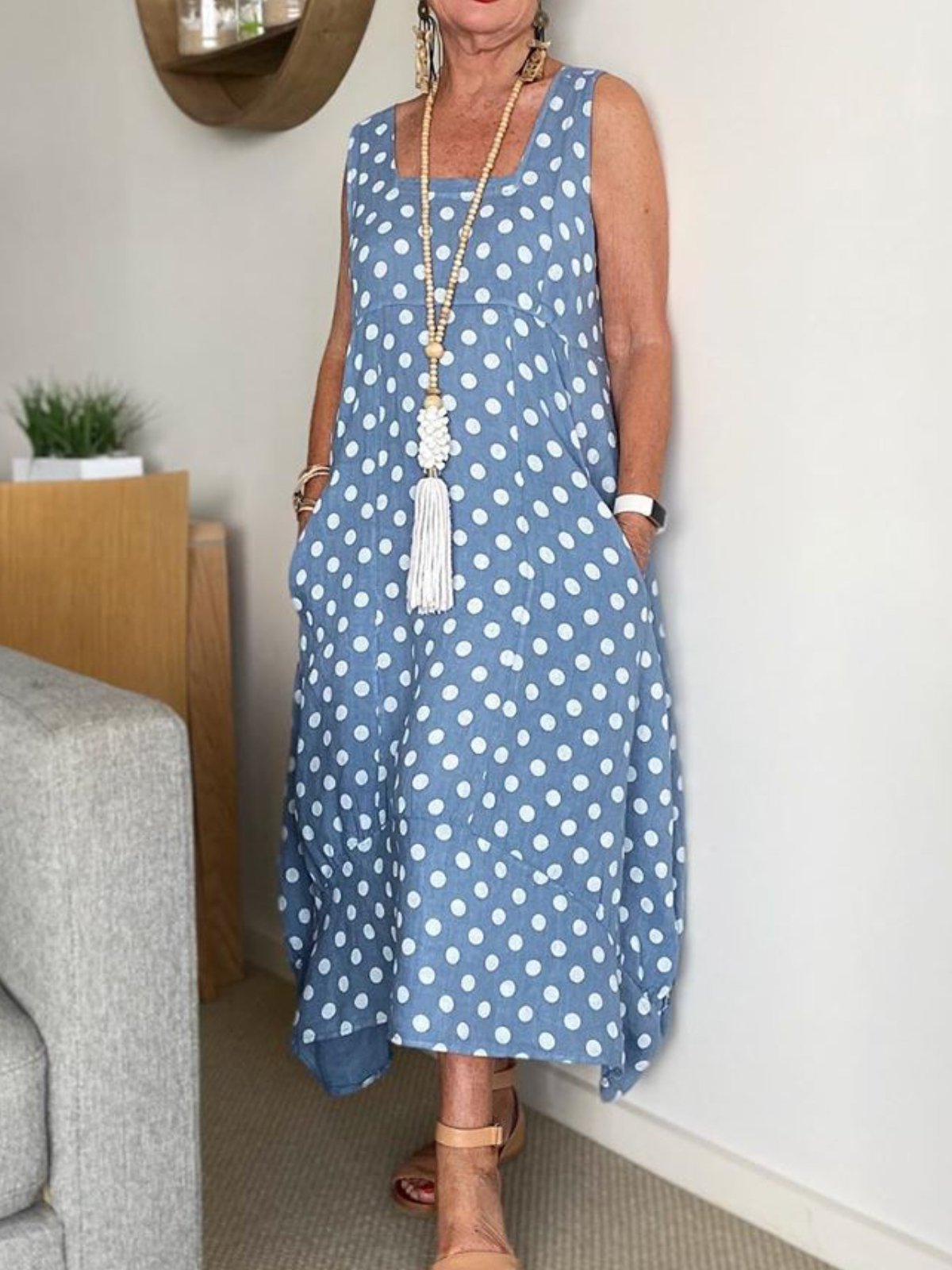 Blue Square Neck Pockets Sleeveless Dresses