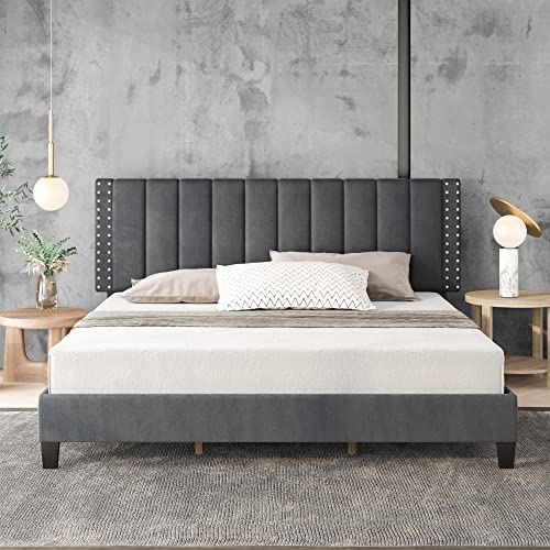 Heavy Duty Upholstered Bed with Adjustable Headboard & Wood Slats Supports/King