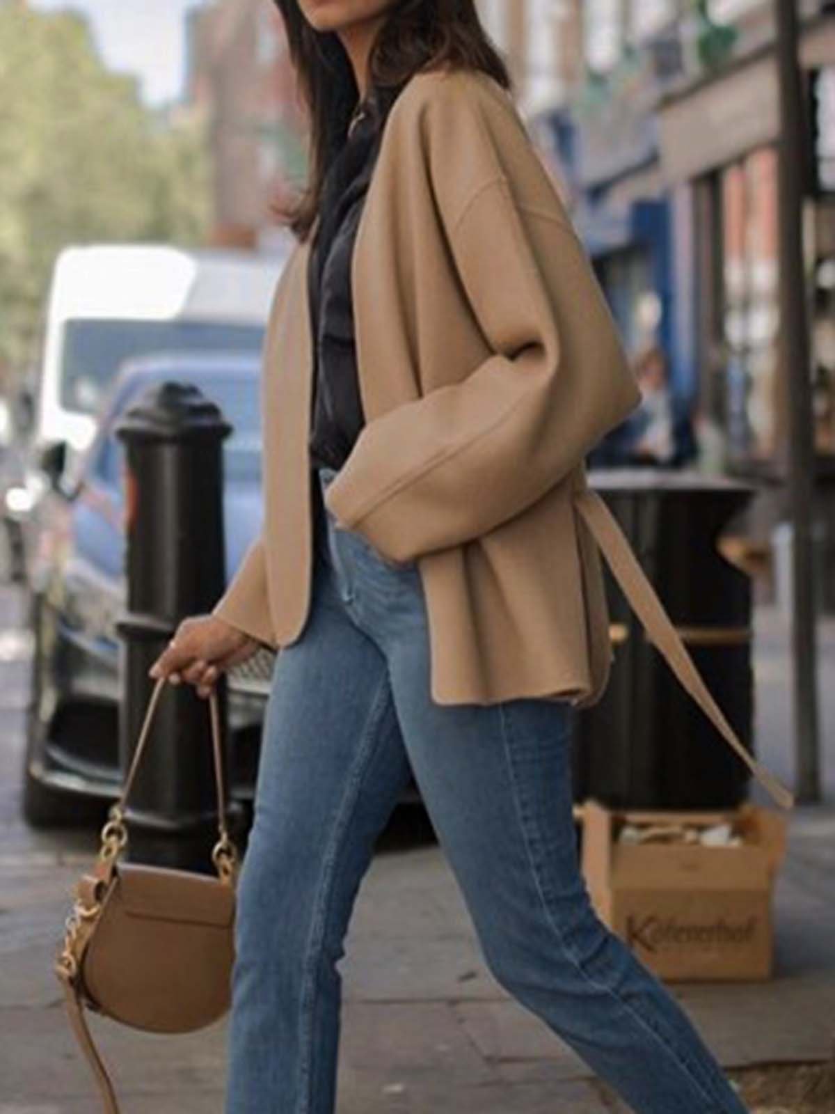 Khaki V Neck Long Sleeve Outerwear