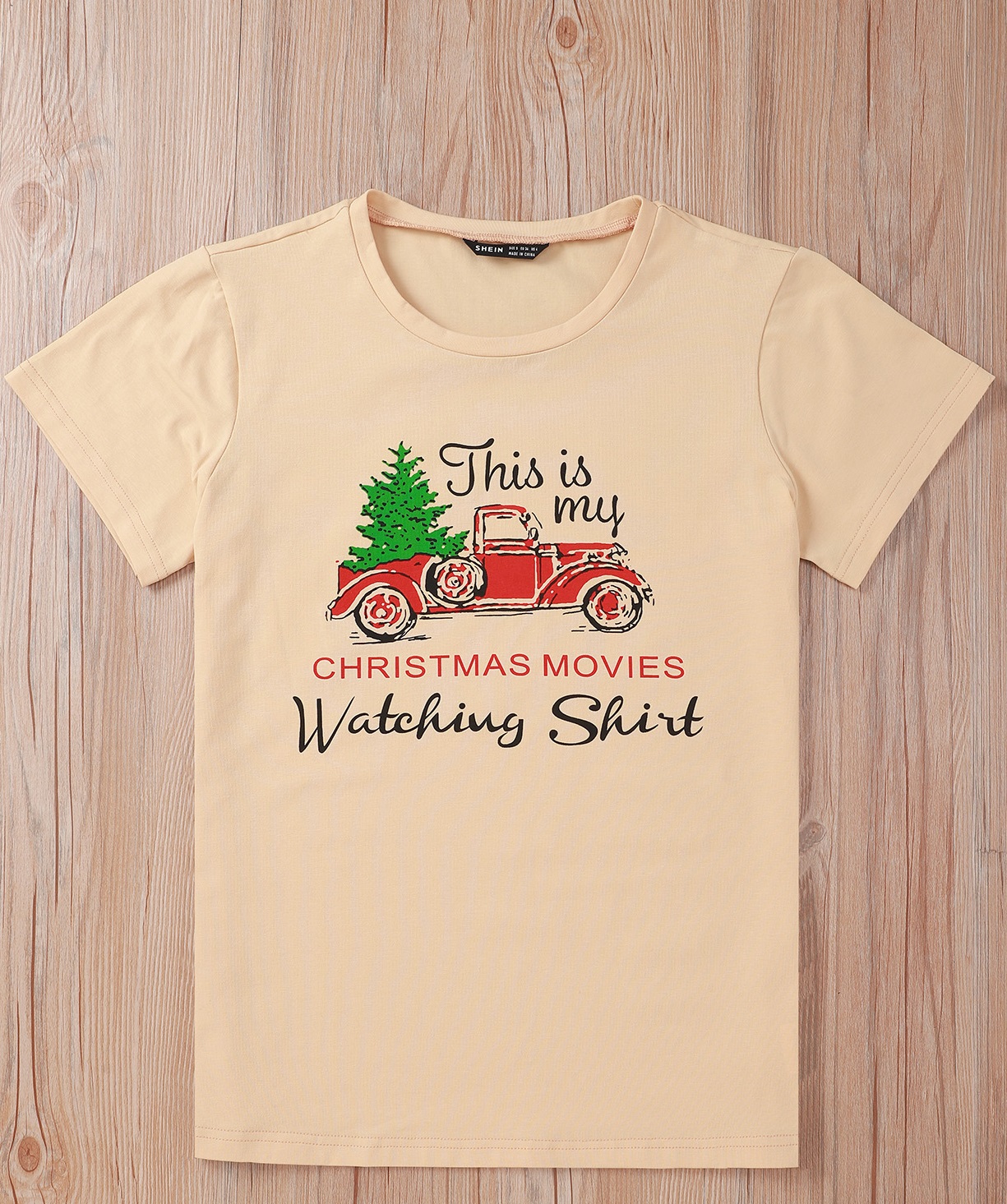 Christmas Print Round Neck Shirt with Short Sleeves