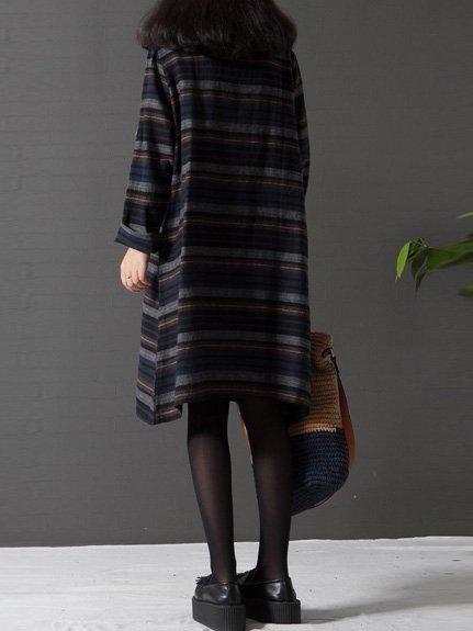 A-Line Women Solid Crew Neck Casual Loose Stripe Cotton Dress