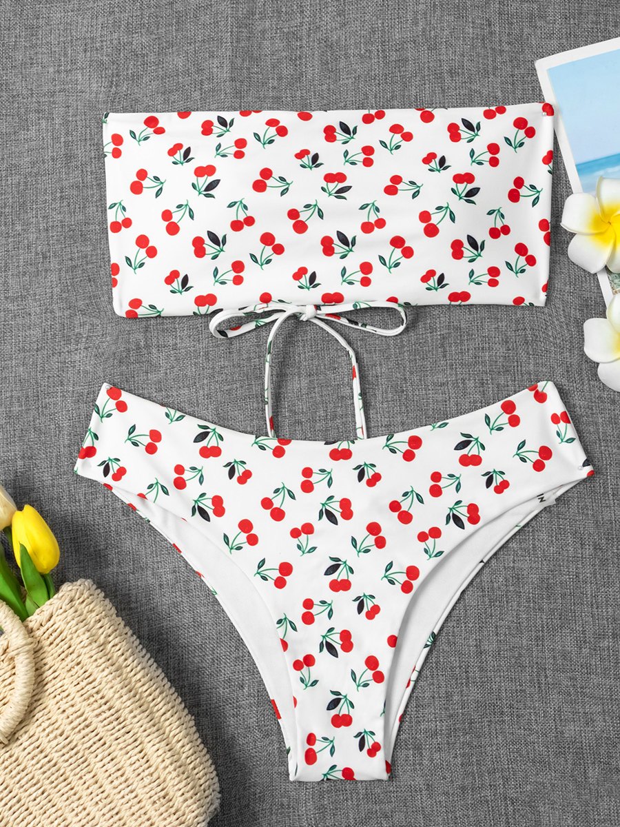 Cherry Print Bow Decor Bandeau Bikini