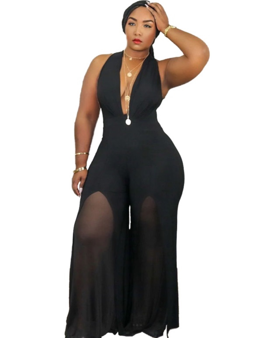 Sexy Plain Deep-V Wide Bottom Jumpsuit