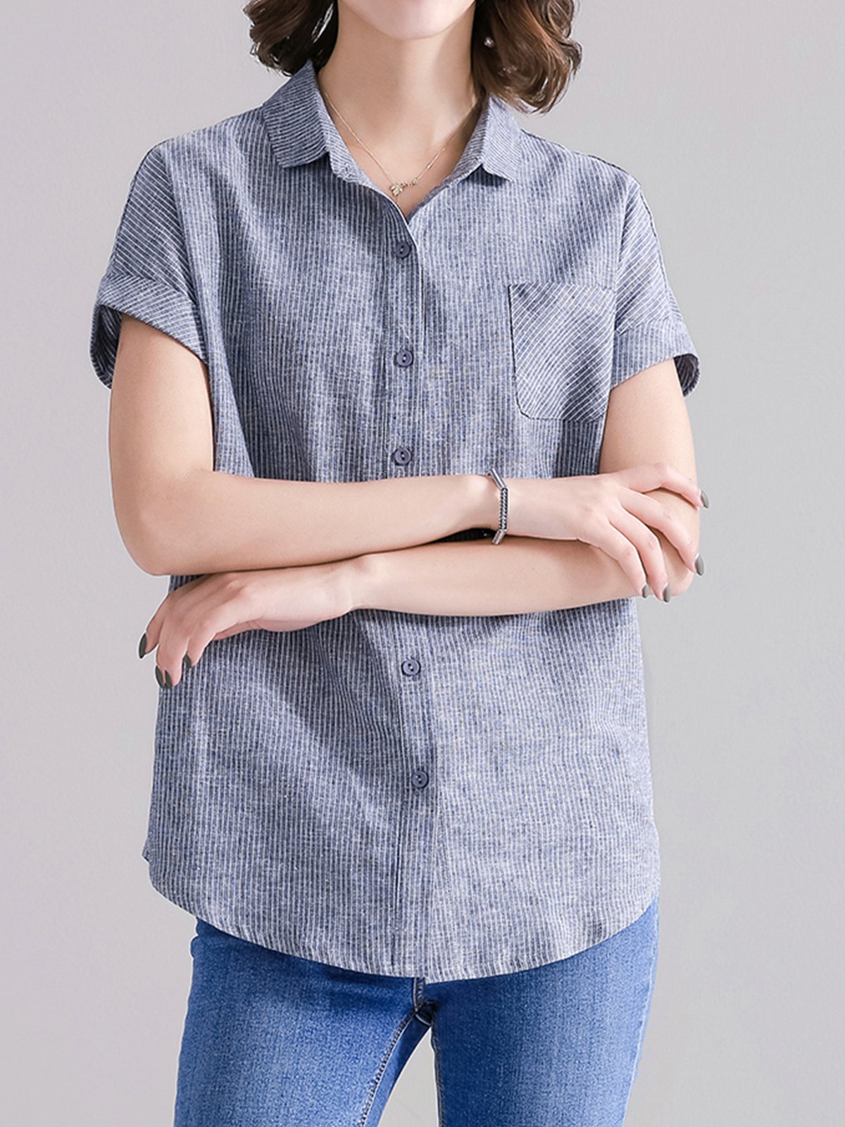 Plus Size Women Short Sleeve V Neck Vintage Striped Floral Casual Tops