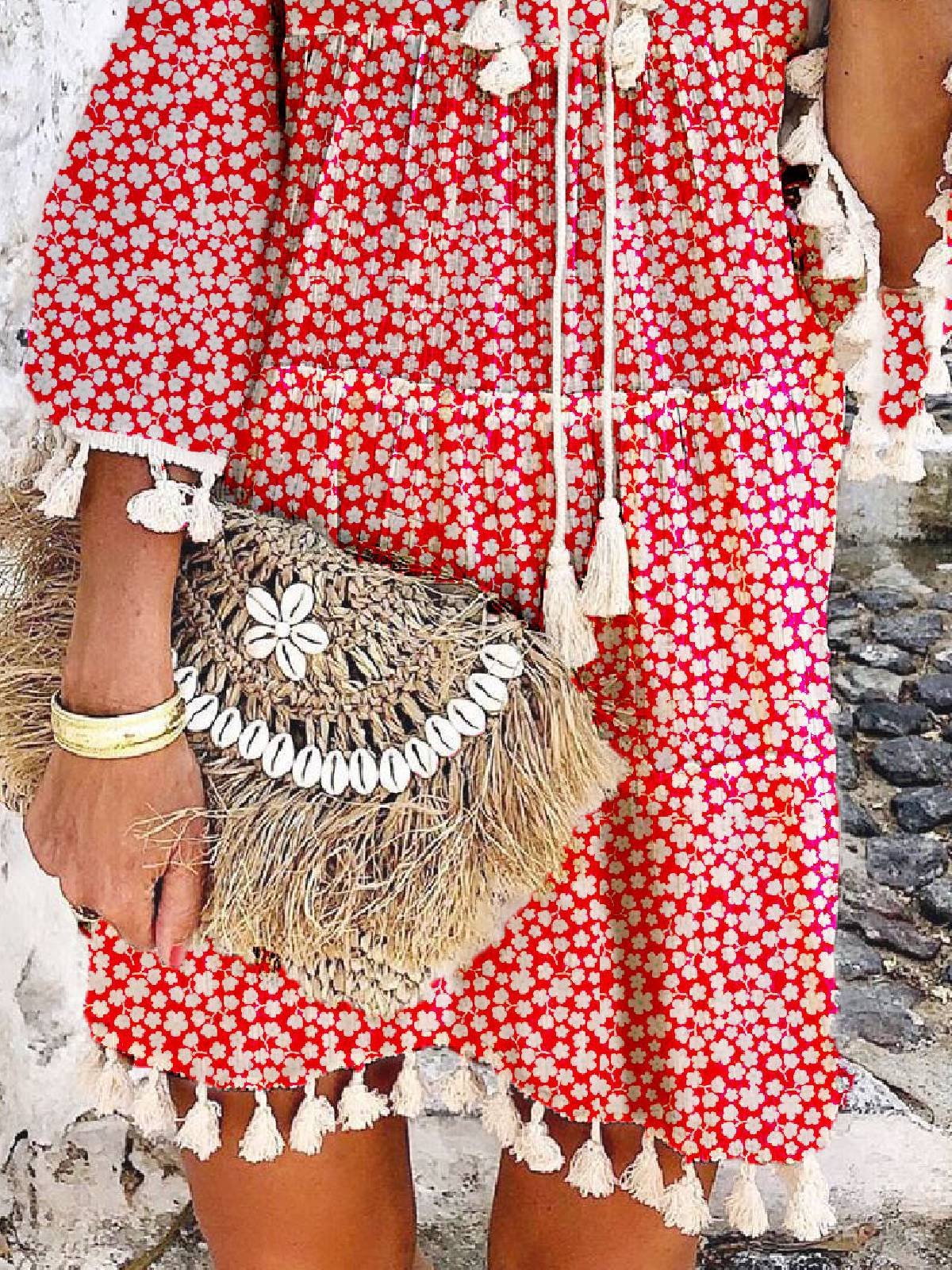 Red Floral-Print V Neck Floral 3/4 Sleeve Dresses