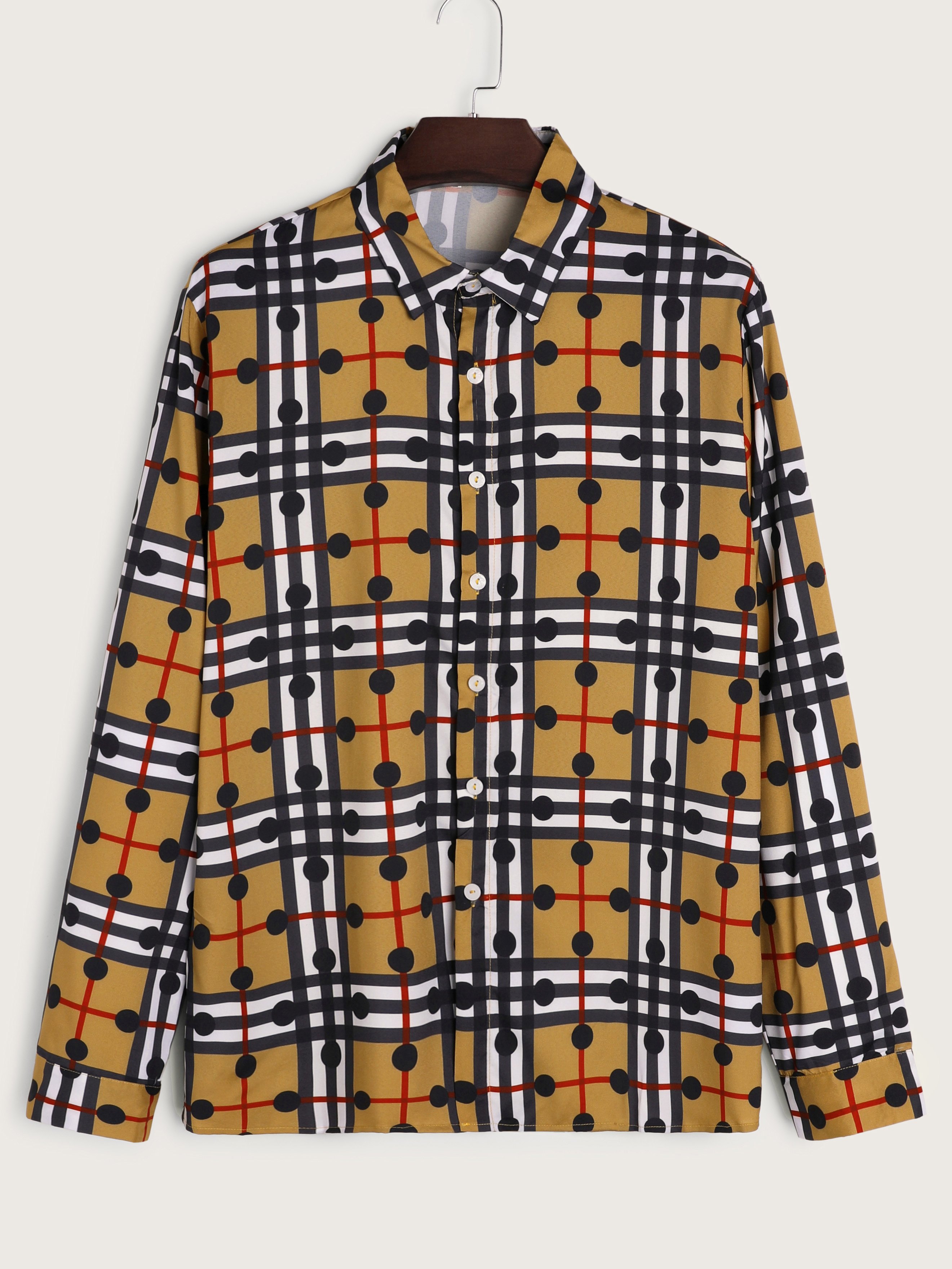 Men's Plaid Dot Print Long Sleeve Blouse