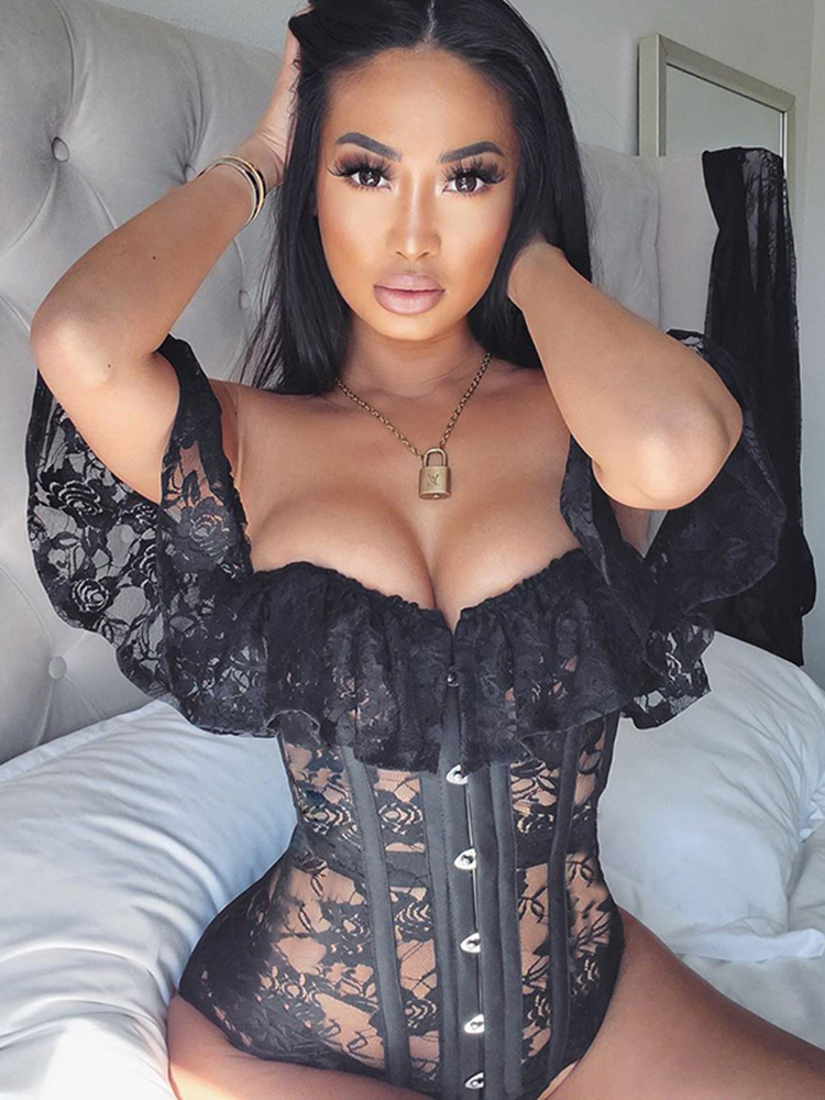 Sexy Off Shoulder Black Lace Corset Bodysuit