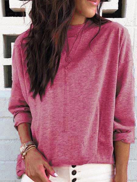 Crew Neck Long Sleeve Plain Cotton Shirts & Tops